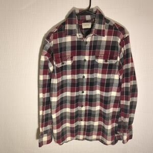 JACHS M Burgundy Gray Plaid Flannel Shirt Men Long Sleeve 100% Cotton Casual